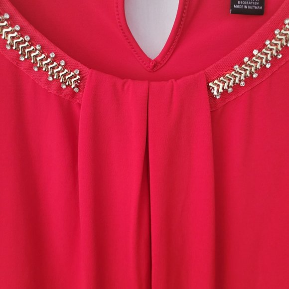 Liz Claiborne Career Red Blouse embellished long sleeves keyhole dressy XXL GUC - Picture 6 of 13